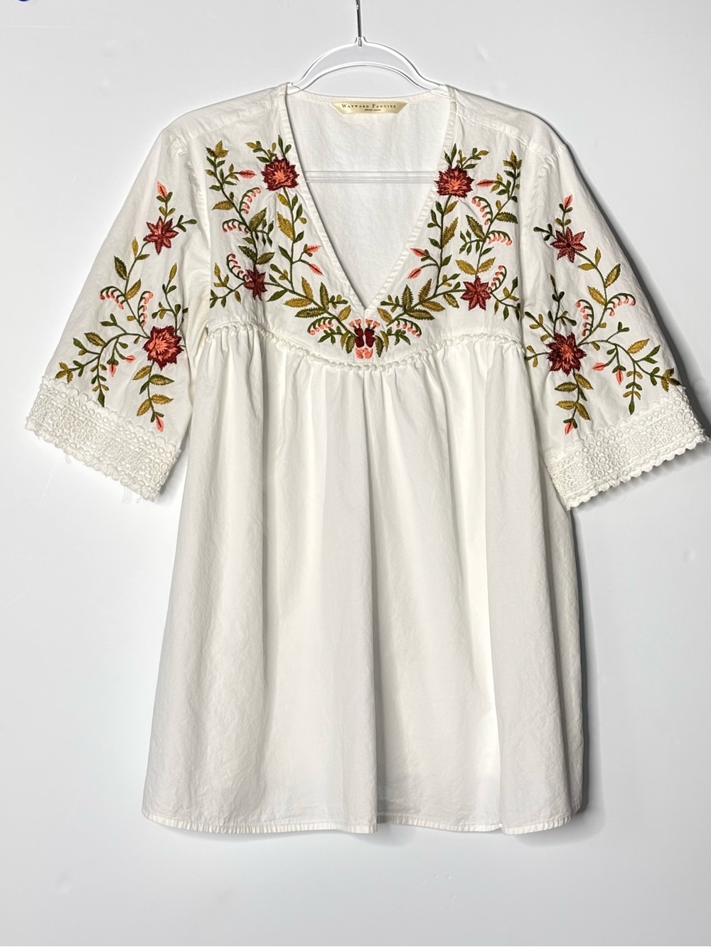 Wayward Fancies Eshakti White Cotton V Neck Tunic Lace Trim Floral Embroidery